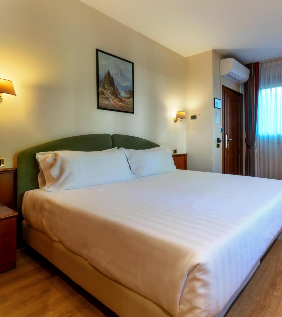 Camera d'albergo accogliente con letto matrimoniale e arredamento moderno.