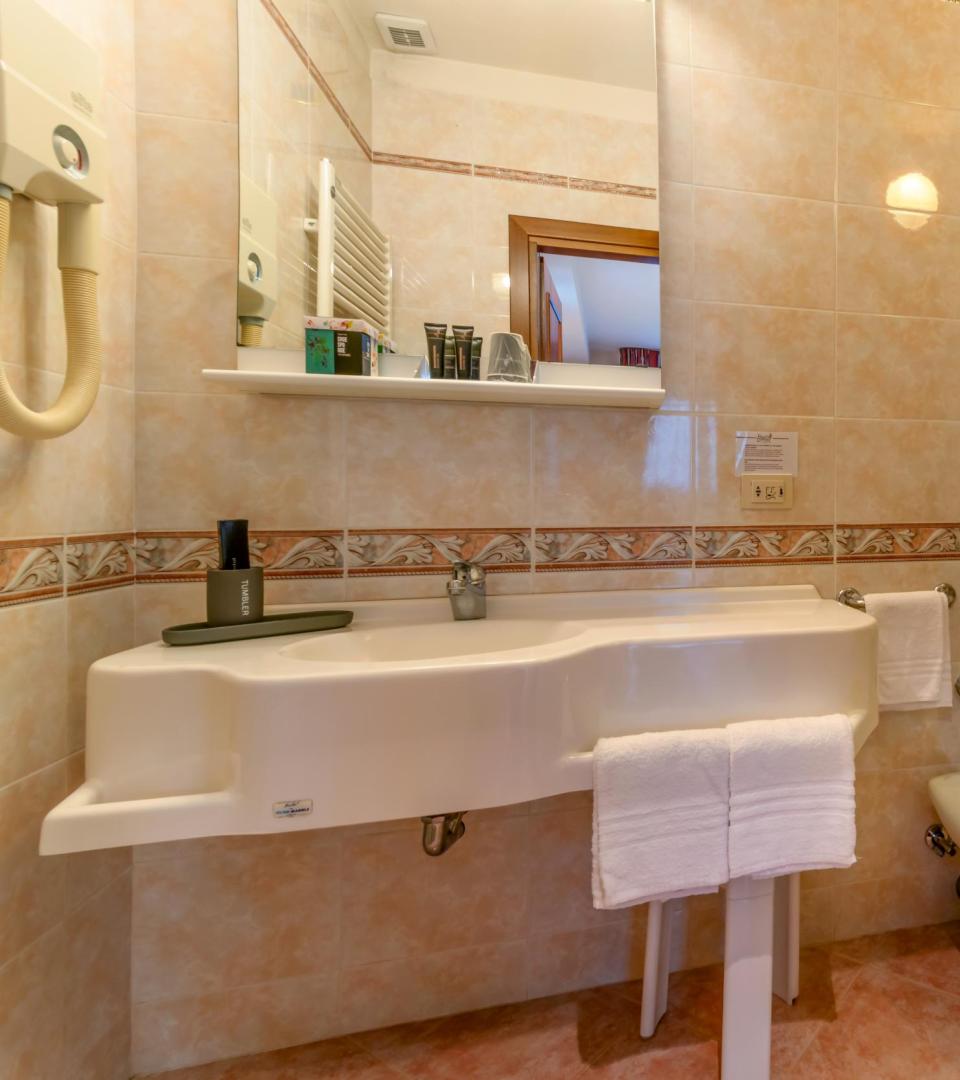 Bathroom with shower, sink, bidet, and white towels.